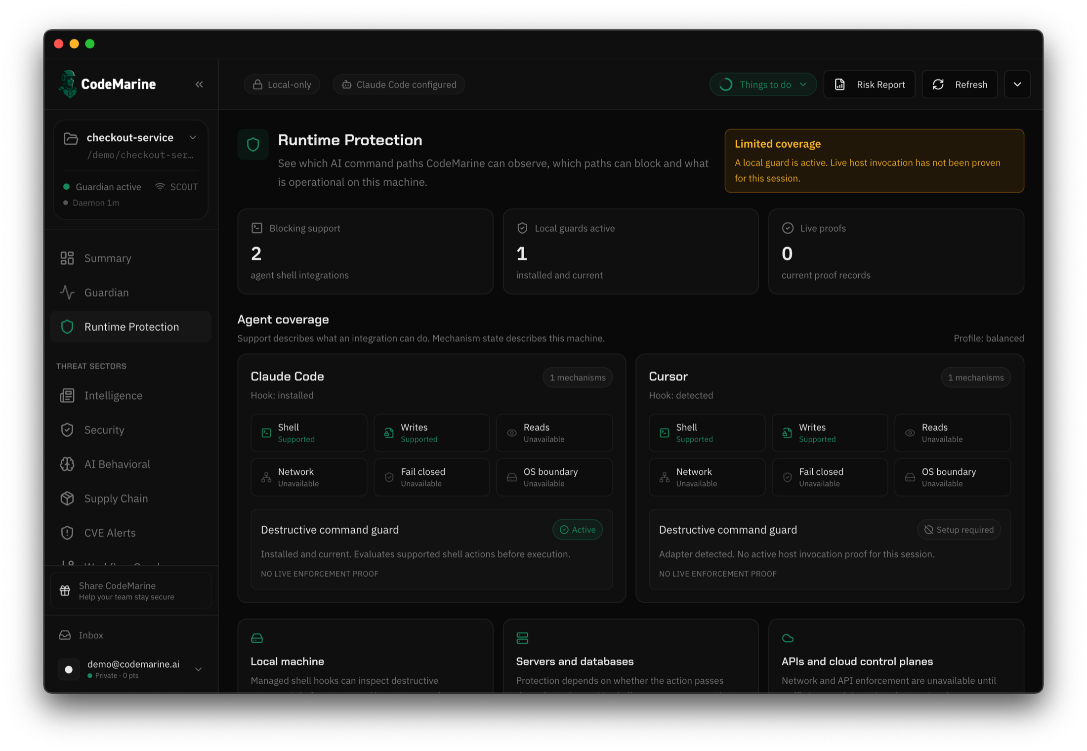 CodeMarine Runtime Protection showing agent coverage and destructive command policy