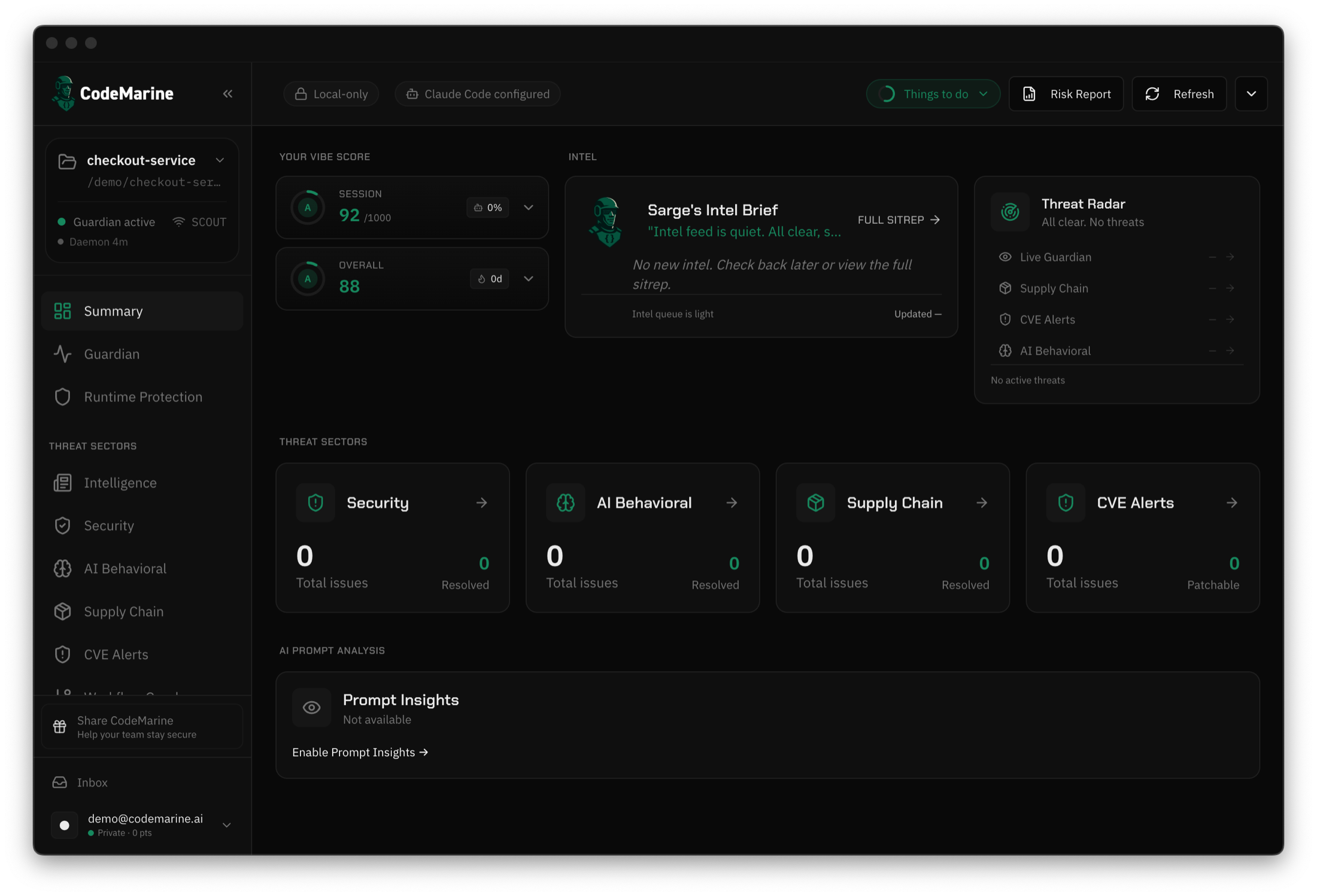 CodeMarine Dev dashboard focused on repository security, supply-chain and CVE protection
